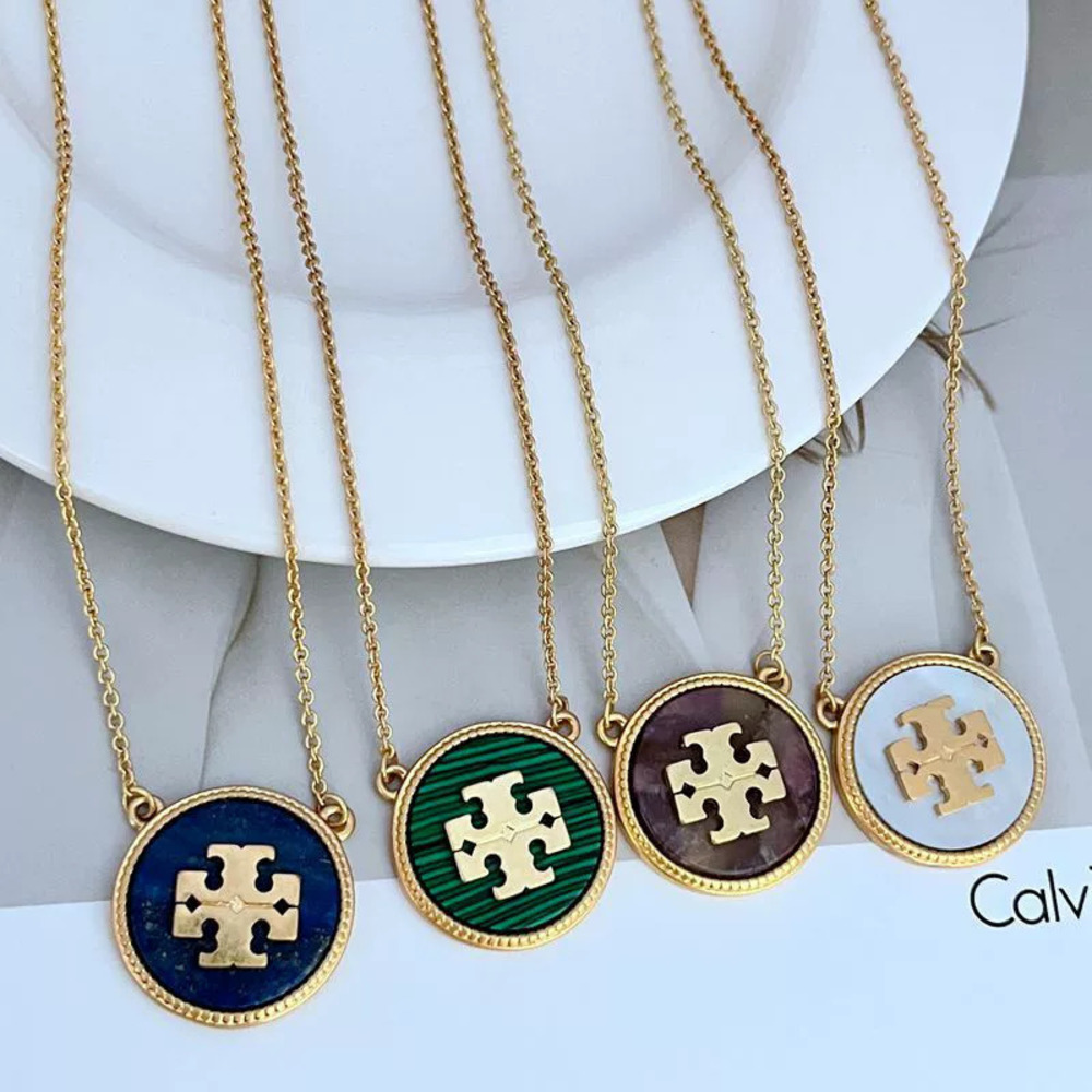 Tory Burch Natural Shell Inlaid Geometric Circle Metal Necklace